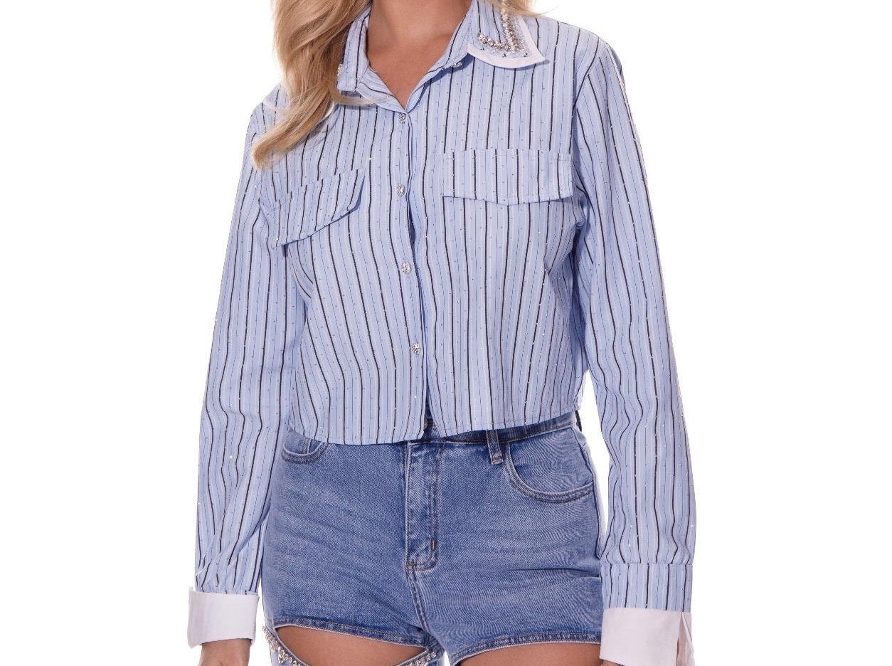 The Fine-Lined Blue Cropped Button-Up