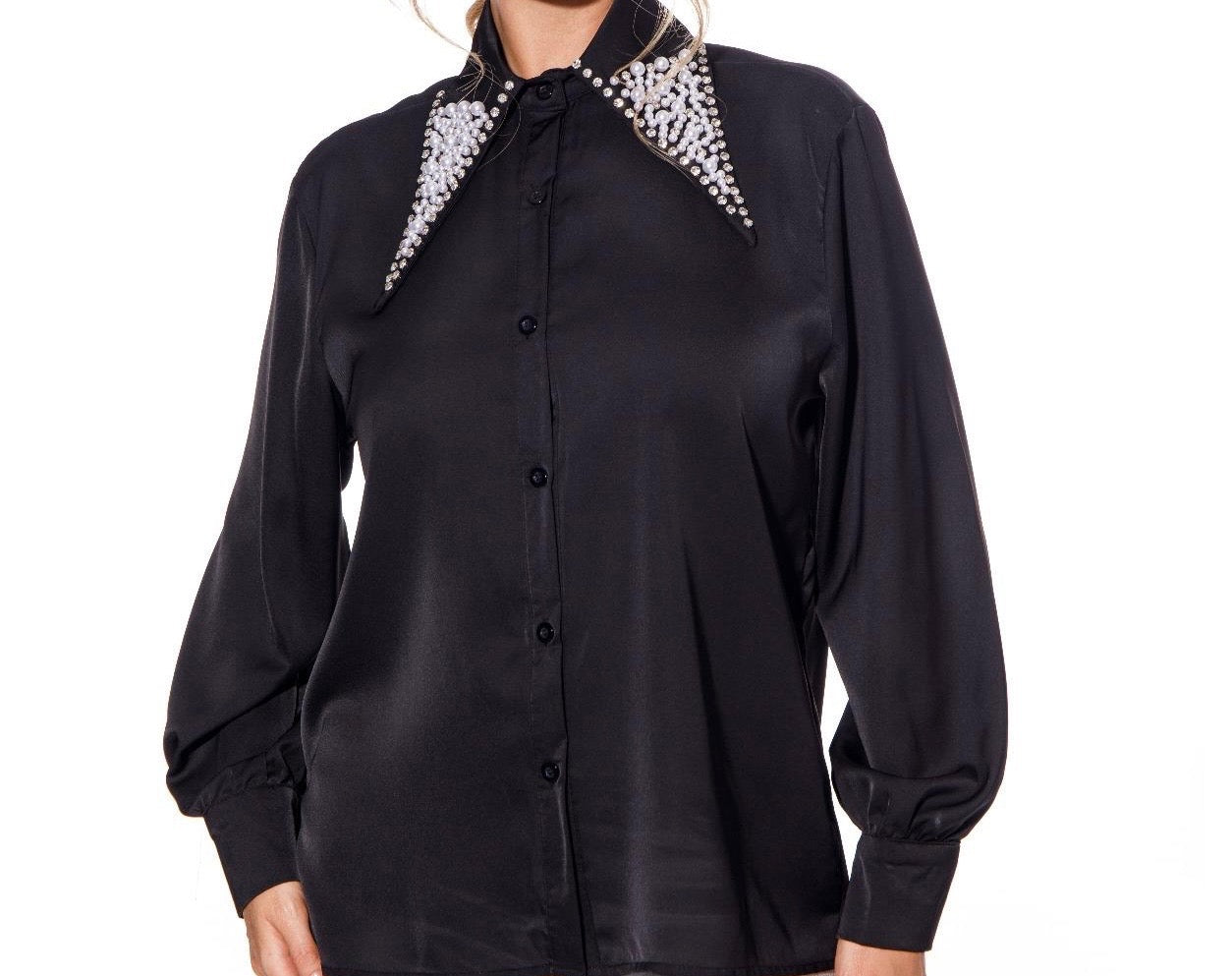 The Beaded Collar Black Button Up