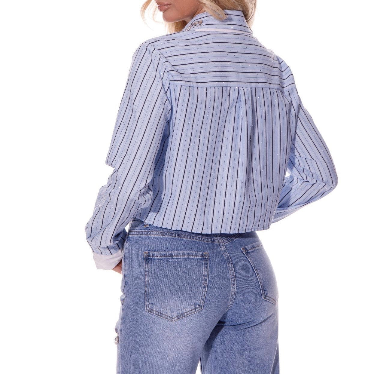 The Fine-Lined Blue Cropped Button-Up